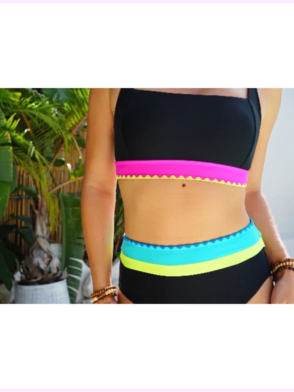High Waisted Bikini Set with Tummy Control Modest Swim Retro Sporty Color Block - Picture 6 of 6